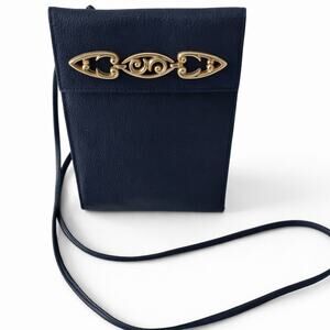 Brighton One World Crossbody Bag Women Black Leather‎ Gold Scroll Hardware